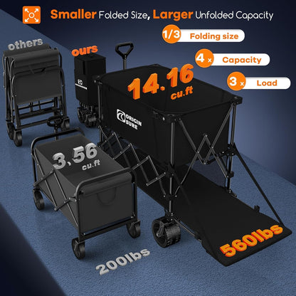 400L Double Decker Wagon Collapsible with 54" L Tailgate, 560Lbs Heavy Duty Carts Foldable, Extra Large Folding Beach Wagon with Big All-Terrain Wheels for Camping, Sports, Groceries, Black