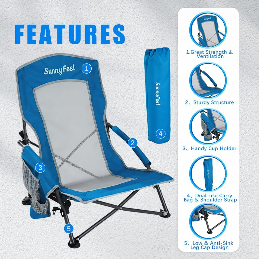 Low Folding Beach Chair for Adults, Portable Lightweight Sling Beach Camping Chairs with Cup Holder, Armrest,Foldable Camp Lawn Chair for Outdoor Sand Concert Travel Sport Events,300Lbs