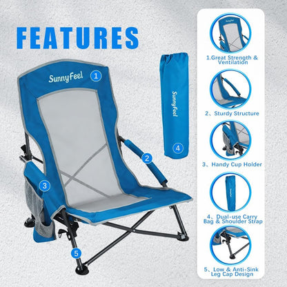 Low Folding Beach Chair for Adults, Portable Lightweight Sling Beach Camping Chairs with Cup Holder, Armrest,Foldable Camp Lawn Chair for Outdoor Sand Concert Travel Sport Events,300Lbs