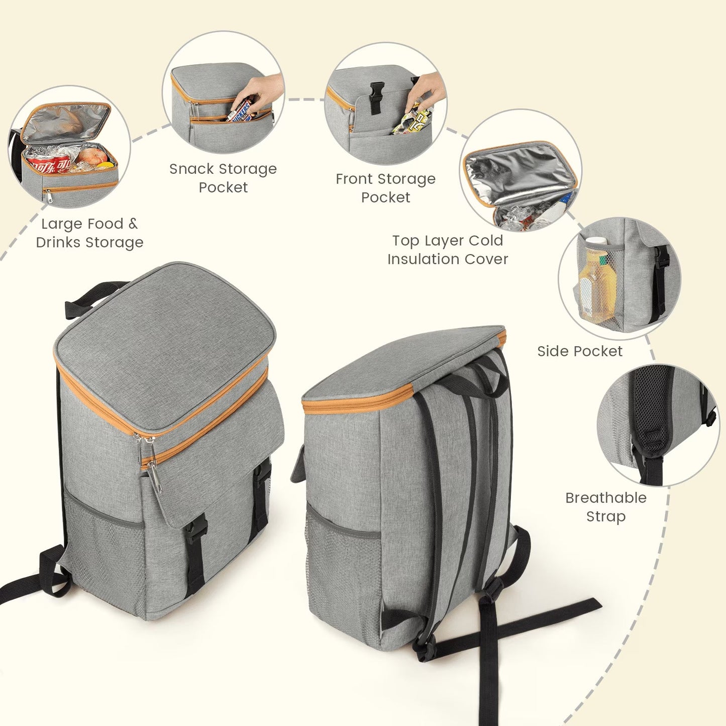 Camping Cooler Backpack 50 Can, Large Capacity Cooler Bag Insulated Compartments Thermal Pocket, Leakproof & Lightweight Travel Cooler Bag, Waterproof Picnic Camping Beach Bag, Gray