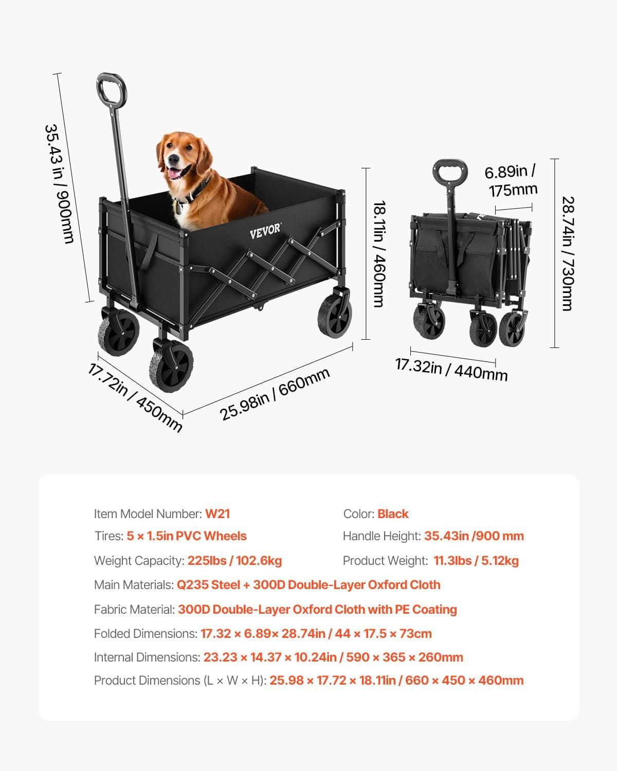 Collapsible Folding Wagon with Wheels, Wagons Carts Foldable with 225Lbs Capacity, Lightweight Portable Utility Wagon Cart for Grocery Shopping Sports Camping and Garden