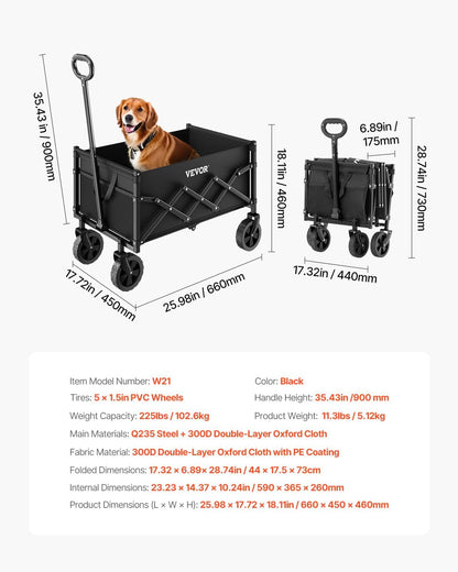 Collapsible Folding Wagon with Wheels, Wagons Carts Foldable with 225Lbs Capacity, Lightweight Portable Utility Wagon Cart for Grocery Shopping Sports Camping and Garden