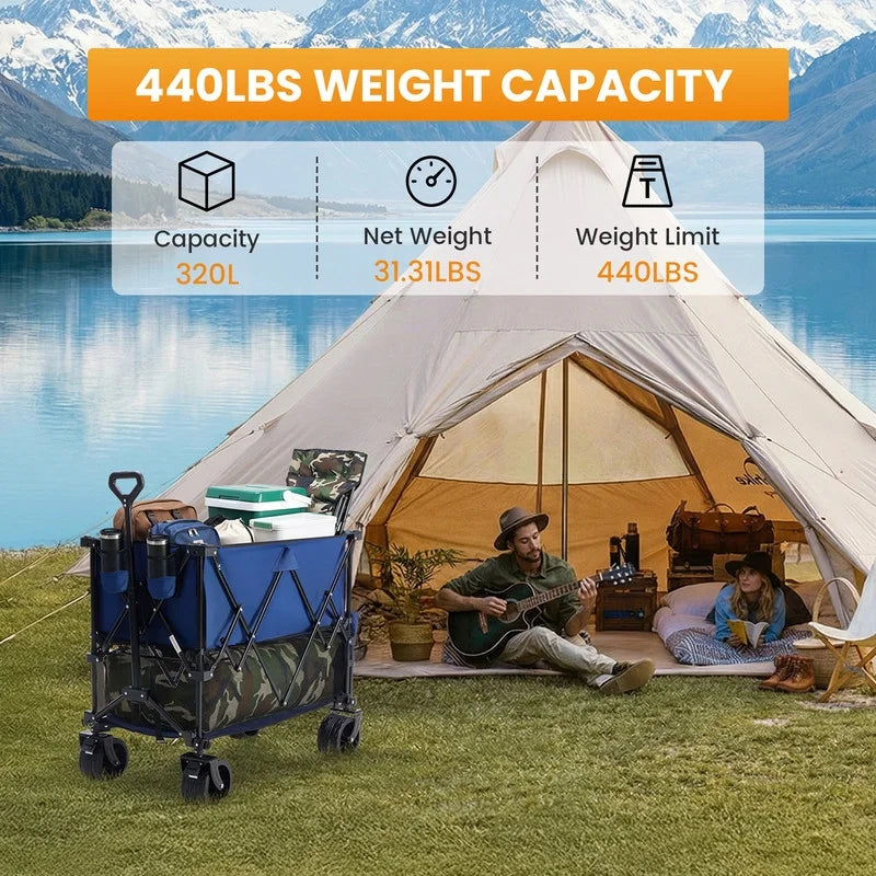 Folding Double Decker Wagon with Brakes, 54" Extra Long Extended Cart, Equipped with 7" All-Terrain Big Wheels for Camping