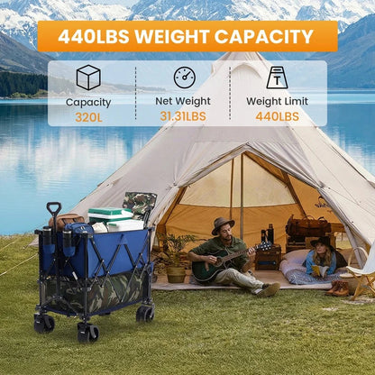 Folding Double Decker Wagon with Brakes, 54" Extra Long Extended Cart, Equipped with 7" All-Terrain Big Wheels for Camping