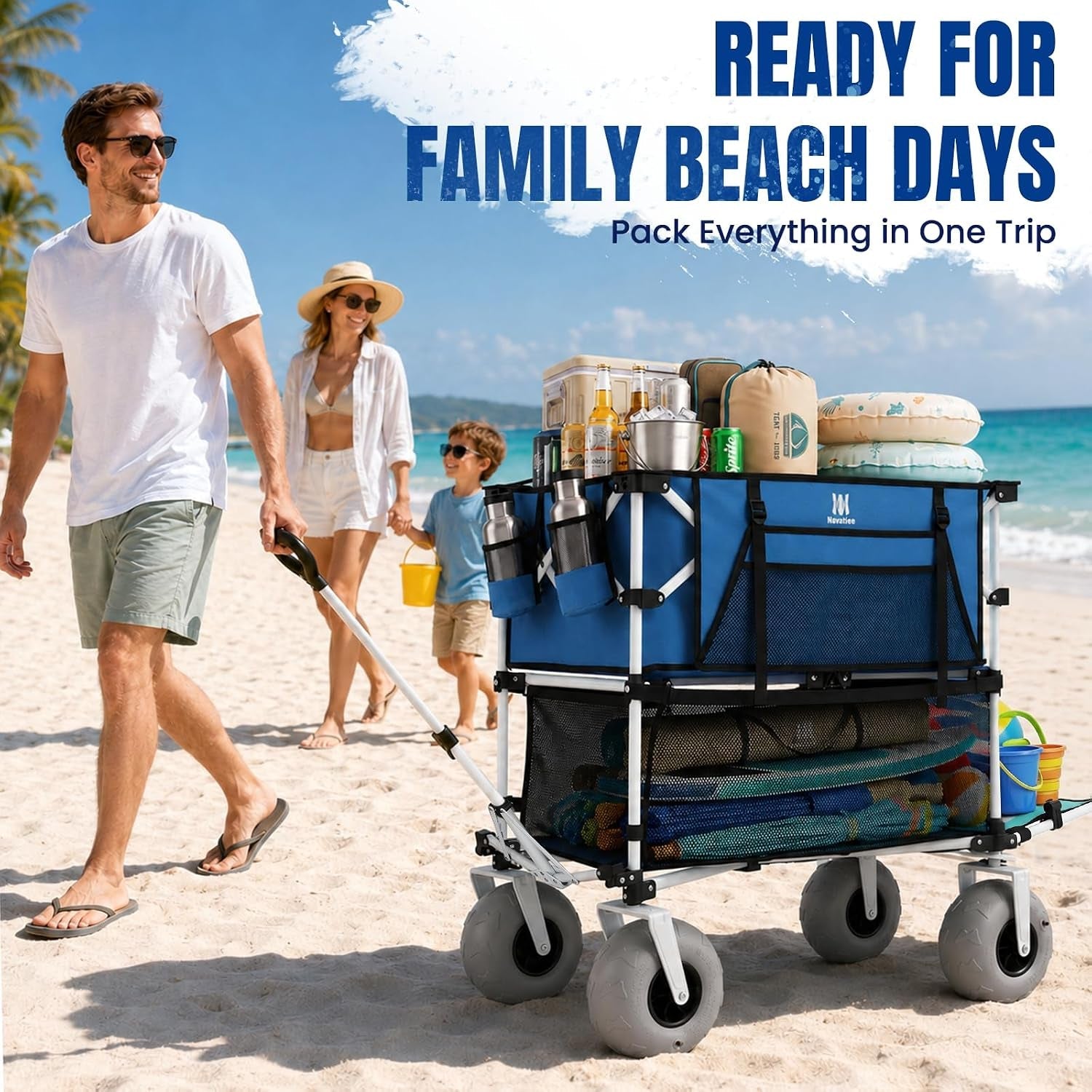 500Lbs Double Decker Wagon, 400L Large Capacity Heavy Duty Beach Cart with 9" Balloon Wheels for Sand, Folding Collapsible Wagon with Side Pocket for Beach, Sport, Camping, Blue