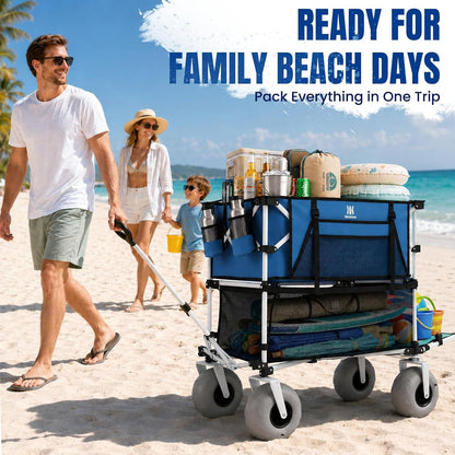500Lbs Double Decker Wagon, 400L Large Capacity Heavy Duty Beach Cart with 9" Balloon Wheels for Sand, Folding Collapsible Wagon with Side Pocket for Beach, Sport, Camping, Blue