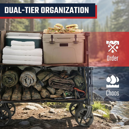 500LBS Heavy Duty Double Decker Wagon with Extender, 400L Large Capacity Collapsible Garden Cart Fits 10X10 Canopy, All-Terrain Big Wheels with Brakes, Foldable Utility Wagon for Sports, Camping
