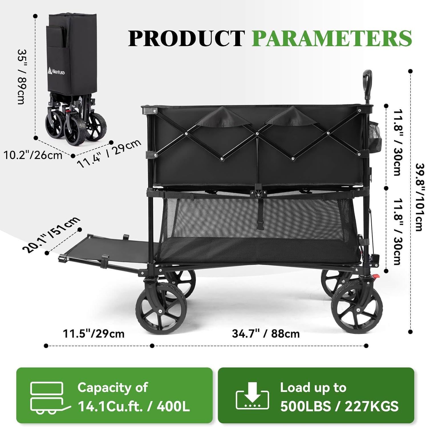 Double Decker Wagon, 400L Extra Large Beach Wagon with Big Wheels for Sand, 500LBS Heavy Duty Collapsible Cart with Tailgate, Utility Carts Foldable for Beach, Sports