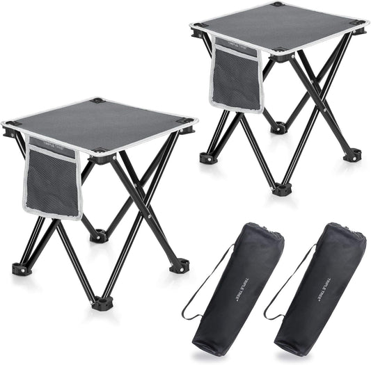 Triple Tree 2 Pack Folding Camping Stool, 13.8 Inch Small Portable Lightweight Stool with Side Pocket, Foot Stool with Carry Bag for Hiking, Fishing and Beach, Hold up to 400Lbs, Grey