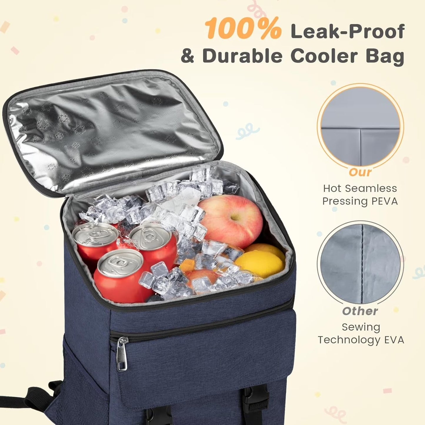 Camping Cooler Backpack 50 Can, Large Capacity Cooler Bag Insulated Compartments Thermal Pocket, Leakproof & Lightweight Travel Cooler Bag, Waterproof Picnic Camping Beach Bag, Blue