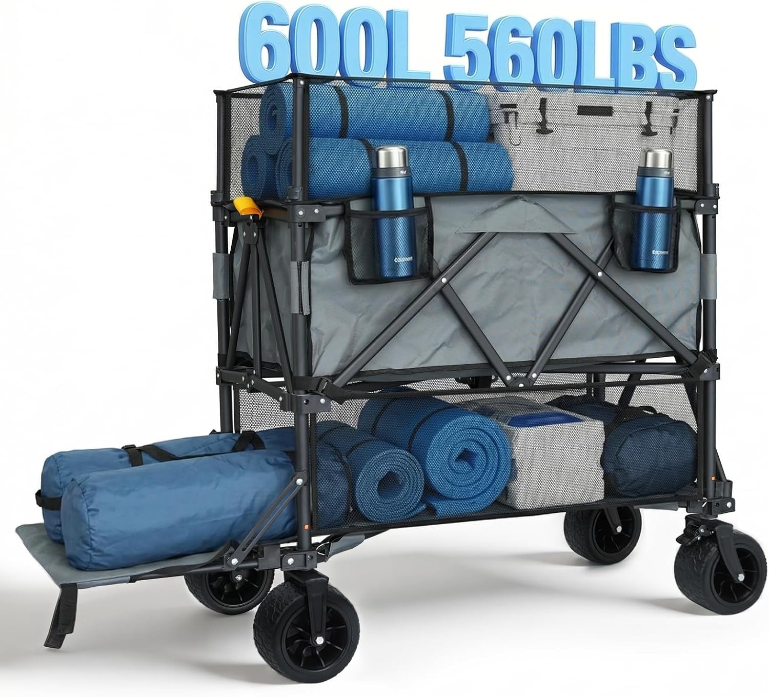 Double Decker Wagon with High Extender & Tailgate - 600L Large Capacity Heavy Duty Foldable Collapsible Wagon Cart with Big Wheels for Camping, Beach, Groceries, Sports（Grey）