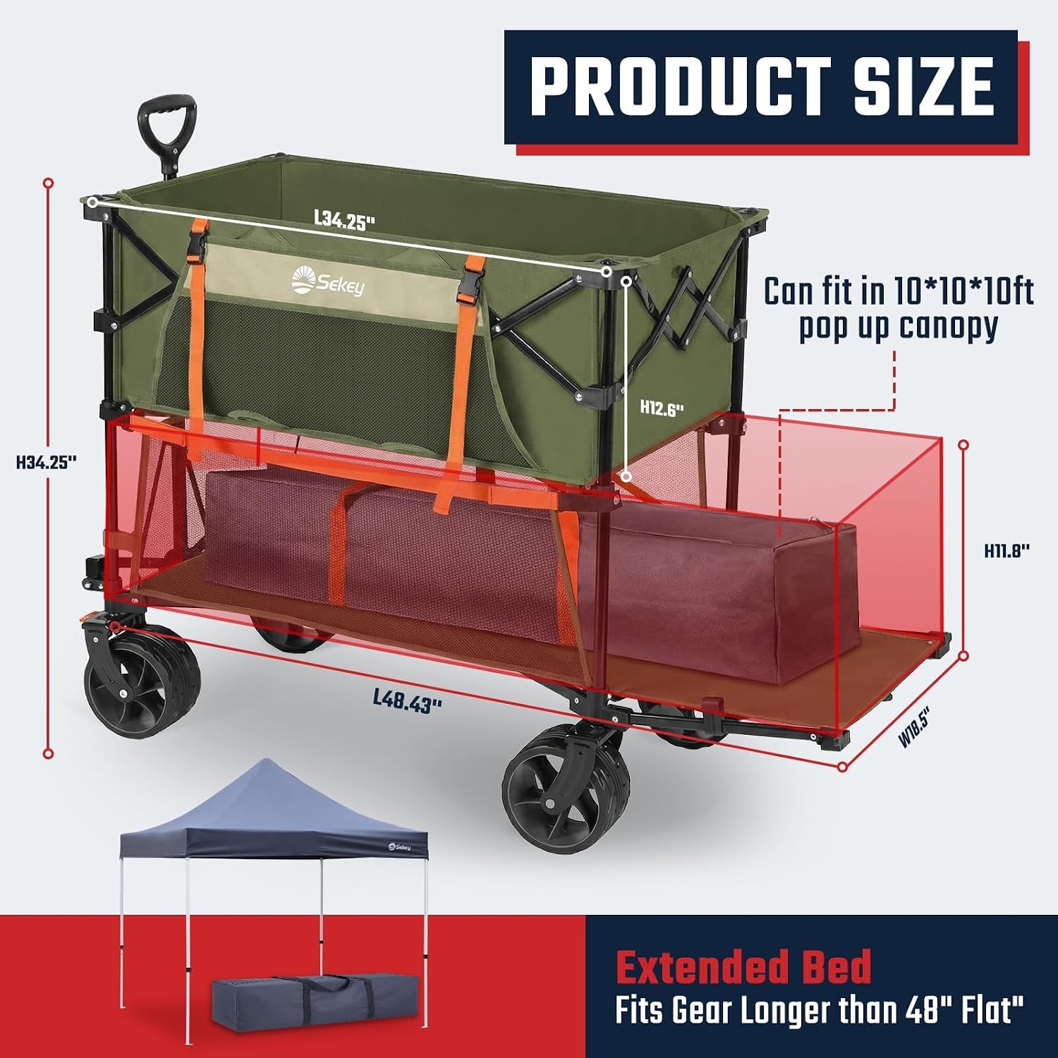 500LBS Heavy Duty Double Decker Wagon with Extender, 400L Large Capacity Collapsible Garden Cart Fits 10X10 Canopy, All-Terrain Big Wheels with Brakes, Foldable Utility Wagon for Sports, Camping