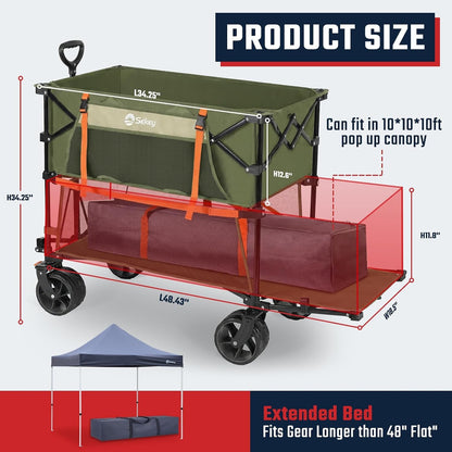 500LBS Heavy Duty Double Decker Wagon with Extender, 400L Large Capacity Collapsible Garden Cart Fits 10X10 Canopy, All-Terrain Big Wheels with Brakes, Foldable Utility Wagon for Sports, Camping