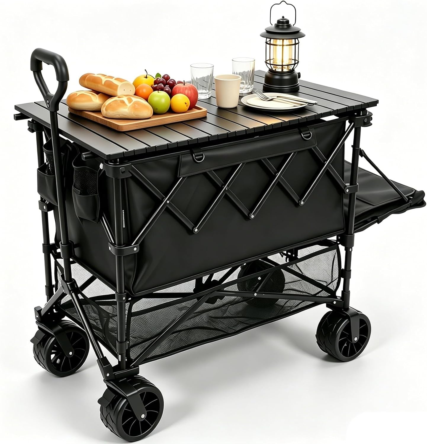 400L Heavy Duty Folding Double Decker Wagon with Table | Collapsible Utility Design, 360° All-Terrain Wheels, 600Lbs Capacity, Tailgate for Picnic & Beach, Camping Portable Outdoor