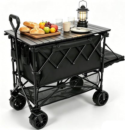 400L Heavy Duty Folding Double Decker Wagon with Table | Collapsible Utility Design, 360° All-Terrain Wheels, 600Lbs Capacity, Tailgate for Picnic & Beach, Camping Portable Outdoor