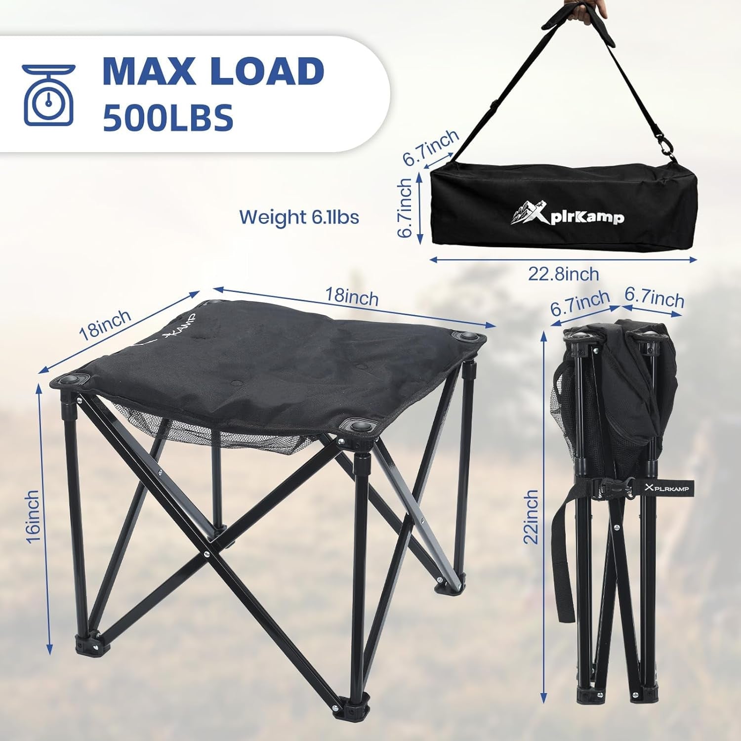 Padded Camping Stool, 18 Inch Oversized Camping Foot Rest, 500Lb Outdoor Folding Camp Chair Portable Camping Ottoman for Camping Gardening W/Storage Net, Carry Bag (2, Black)