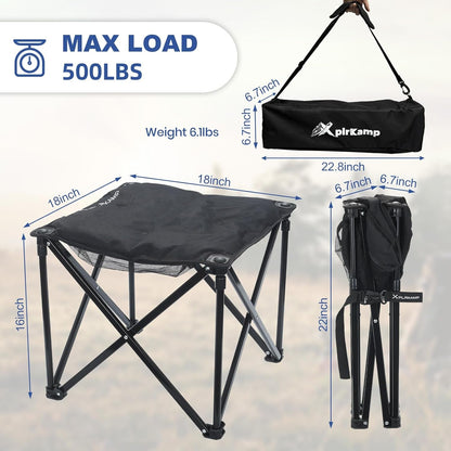 Padded Camping Stool, 18 Inch Oversized Camping Foot Rest, 500Lb Outdoor Folding Camp Chair Portable Camping Ottoman for Camping Gardening W/Storage Net, Carry Bag (2, Black)