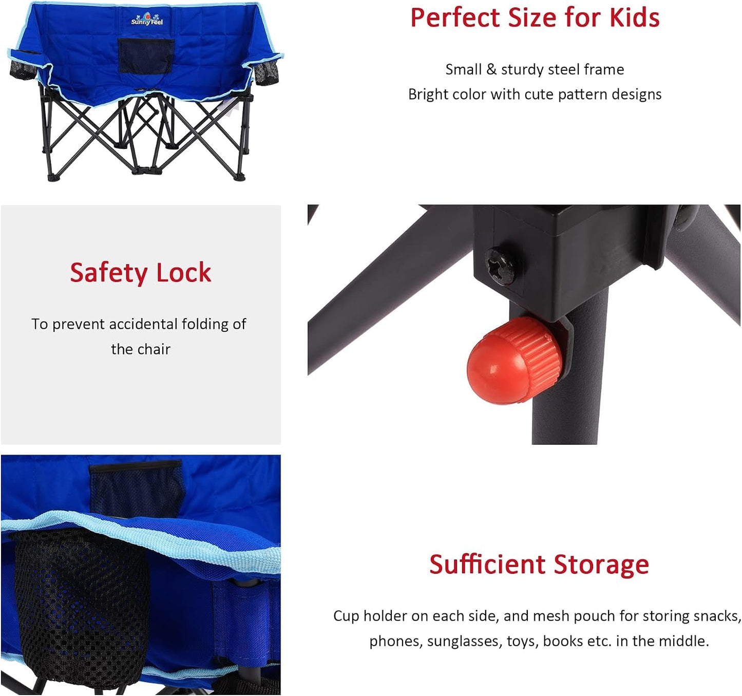 Kids Folding Double Camping Chair, Portable Kids Camping Chairs 2 Seat Chair, Blue Padded Foldable Lawn Chairs with Cup Holder for Beach/Outdoor/Travel/Picnic, Foldable Camp Chairs 2 Person