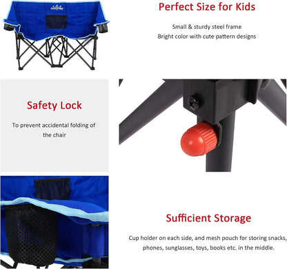 Kids Folding Double Camping Chair, Portable Kids Camping Chairs 2 Seat Chair, Blue Padded Foldable Lawn Chairs with Cup Holder for Beach/Outdoor/Travel/Picnic, Foldable Camp Chairs 2 Person