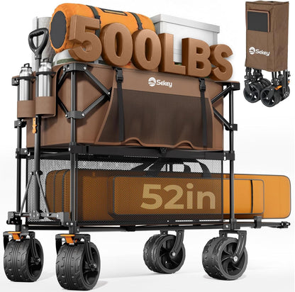 500LBS Heavy Duty Double Decker Wagon with Extender, 400L Large Capacity Collapsible Garden Cart Fits 10X10 Canopy, All-Terrain Big Wheels with Brakes, Foldable Utility Wagon for Sports, Camping