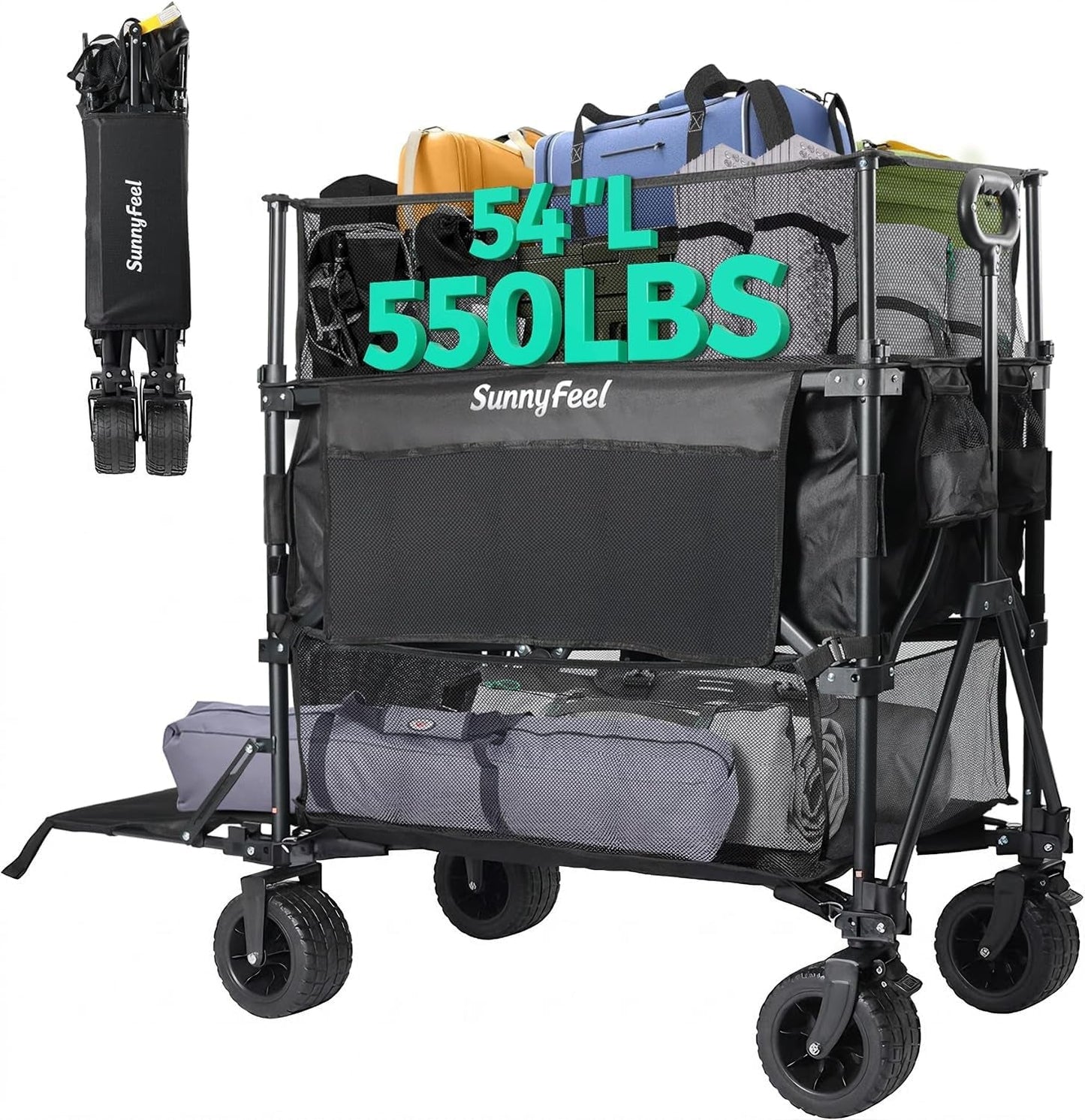 550L Double Decker Wagon with High Extender & Tailgate | 550LBS Heavy Duty Foldable Sports Wagon Cart, All-Terrain Big Wheels for Baseball/Softball, Camping, Garden, Beach, Black