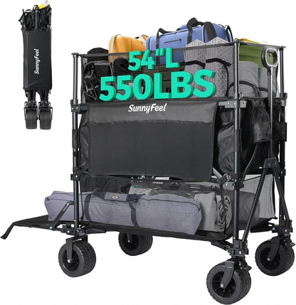 550L Double Decker Wagon with High Extender & Tailgate | 550LBS Heavy Duty Foldable Sports Wagon Cart, All-Terrain Big Wheels for Baseball/Softball, Camping, Garden, Beach, Black