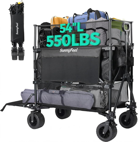 550L Double Decker Wagon with High Extender & Tailgate | 550LBS Heavy Duty Foldable Sports Wagon Cart, All-Terrain Big Wheels for Baseball/Softball, Camping, Garden, Beach, Black