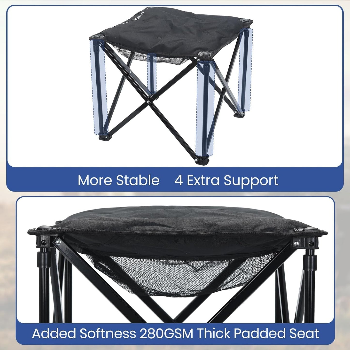 Padded Camping Stool, 18 Inch Oversized Camping Foot Rest, 500Lb Outdoor Folding Camp Chair Portable Camping Ottoman for Camping Gardening W/Storage Net, Carry Bag (2, Black)