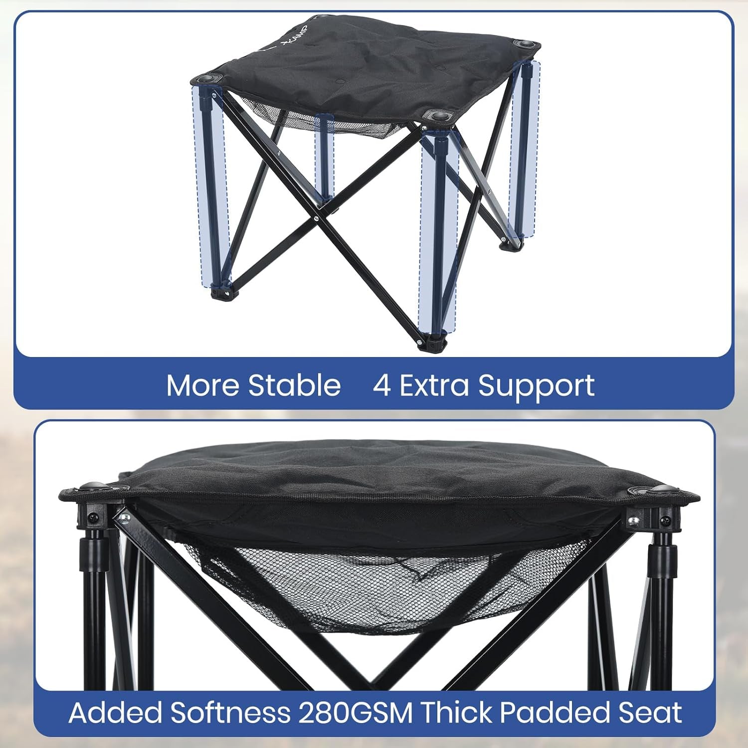 Padded Camping Stool, 18 Inch Oversized Camping Foot Rest, 500Lb Outdoor Folding Camp Chair Portable Camping Ottoman for Camping Gardening W/Storage Net, Carry Bag (2, Black)